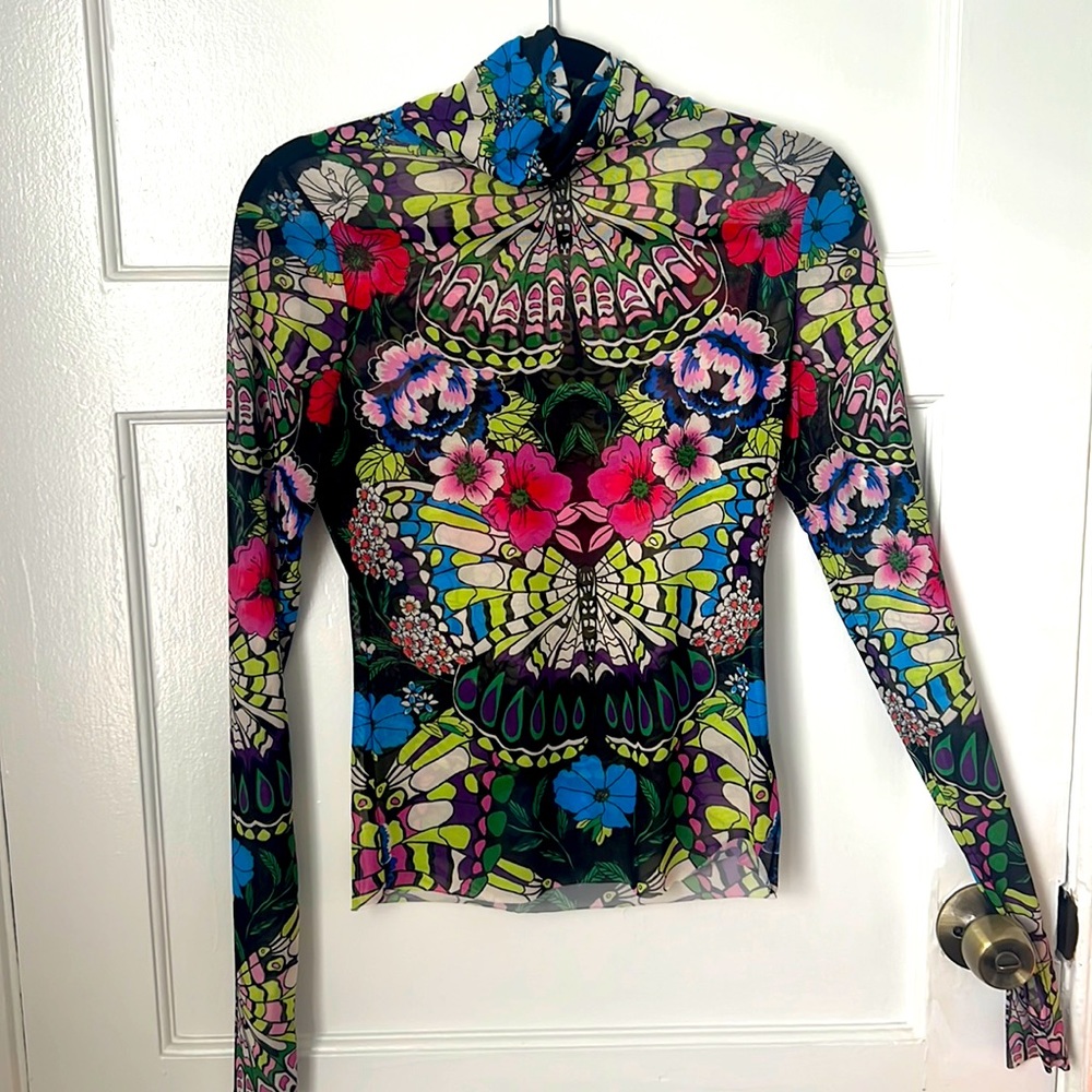 Funky sheer long sleeve turtleneck vibrant colors, cut out for thumb.